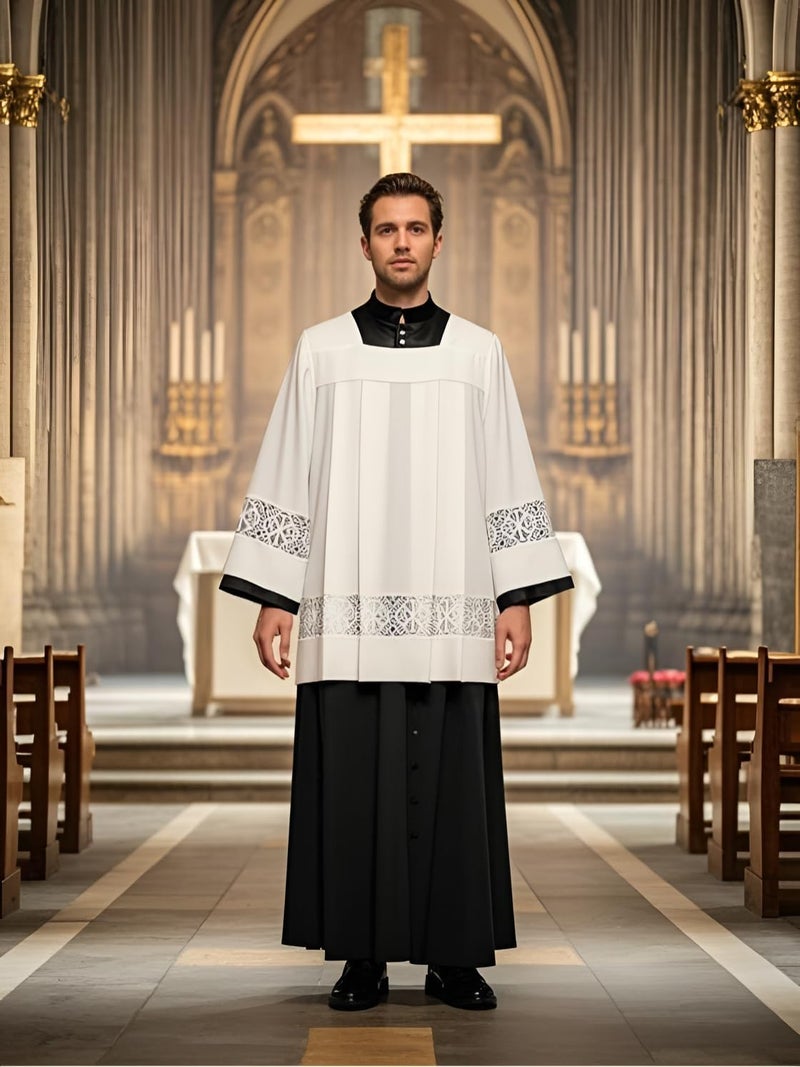 ANDHOM Catholic Premium Clergy Vestment Set Elegant White Surplice with Pleated Lace Details - Image 3